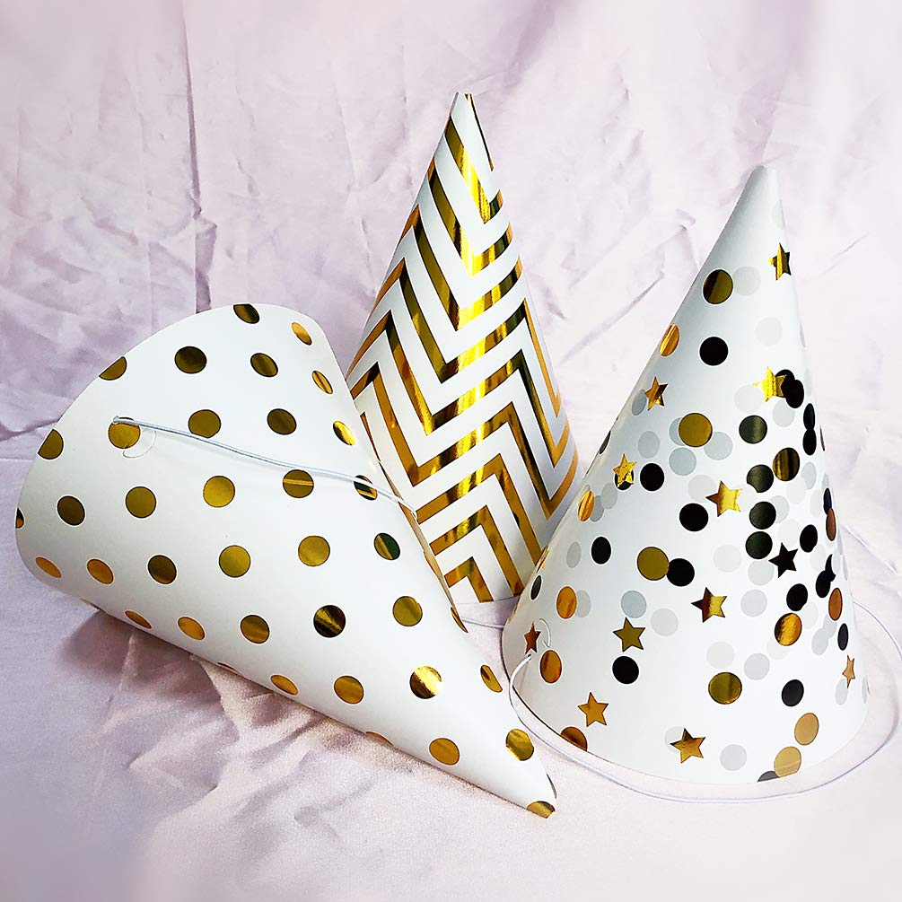 Boieo Party Hats Birthday Cone Set Gold Polka Dot Striped Paper for Adults Kids Happy Birthday Party Decorations 12 Pcs