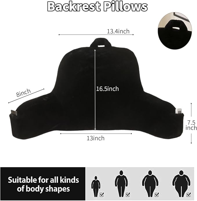 PAJEO Reading Pillow for Sitting in Bed, Large Backrest Reading Pillow with Arm Rest,Back-Rest Support Cushion for Sit Up on Couch, Sofa, and Floor, Dorm Essentials (Black Faux Fur, Standard(17"))