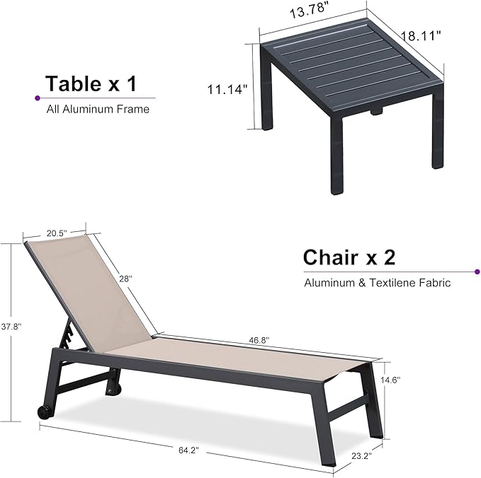 PURPLE LEAF Patio Chaise Lounge Set for 2 Outdoor Chaise Lounge Chair with Aluminum Frame and Easy-to-Move Wheels Pool Lounge Chairs for Deck Yard Poolside Table Included, Sand Beige
