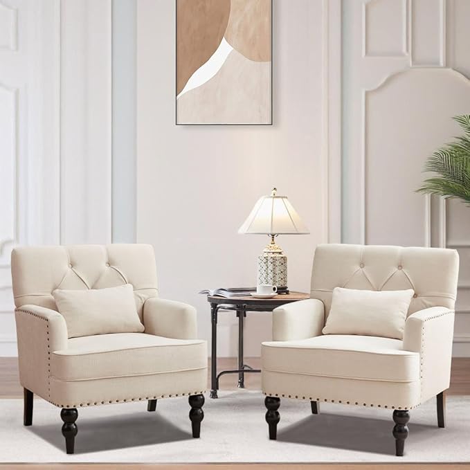 HUIMO Tufted Club Chair Set of 2 with Lumbar Pillow,Accent Chair Upholstered Button Armchair, Linen Fabric Sofa Chairs for Bedroom, Living Room, Mid Century Modern Reading Chair,Beige