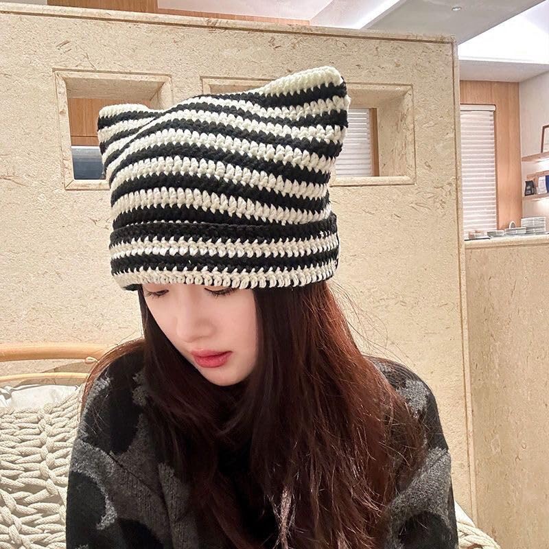 Women Beanie Warm Winter Hats Vintage Beanies Hat Cute Cat Ears Hats Winter Warm Knitted Stripe Accessories Slouchy Headgear