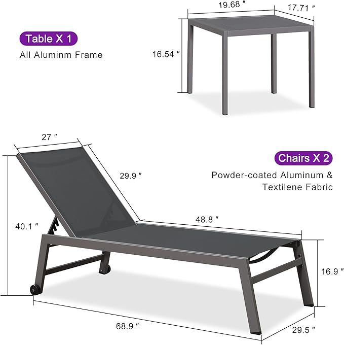 PURPLE LEAF Outdoor Chaise Lounge Set for 2 Oversized Pool Lounge Chairs with Easy-to-Move Wheels and Adjustable Backrest Extra Large Patio Loungers for Poolside Deck Beach Yard Table Included, Grey