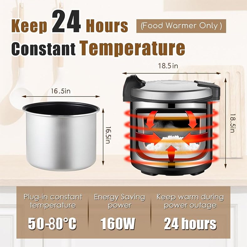 YOLLNIA 32.1QT Commercial Rice Warmer(Not Rice Cooker) Portable Big Food Rice Warmer / 122℉- 178℉ Adjustable Temperature/ 160W/ Non-stick Inner Pot For Restaurant Party Family
