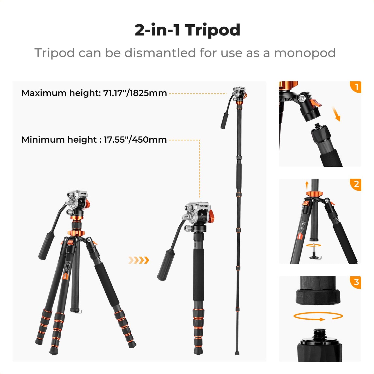 K&F CONCEPT Tripod for Camera，68'' Carbon Fiber Tripod with Fluid Head Max Load 11lb, Lightweight DSLR Camera Tripods & Monopods for Canon Sony Nikon.