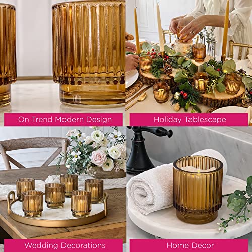 Kate Aspen Vintage Glass Tealight & Amber Votive Candle Holders (Set of 6) – Rustic Fluted Candle Holder Set, Boho Home De...