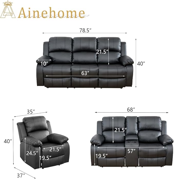 A Ainehome Living Room Furniture Set Leather Recliner Sofa Set Loveseat Chair Furniture Sofa Set for Living Room/Small Space/Rv/House/Office/Theater Seating (A-Black Leather, 3 Piece Set)