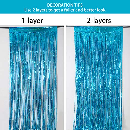 Melsan 2 Pack 3.2 ft x 8 ft Teal Tinsel Foil Fringe Curtains Backdrop, Blue Sparkle Metallic Foil Curtains for Ocean Birth...