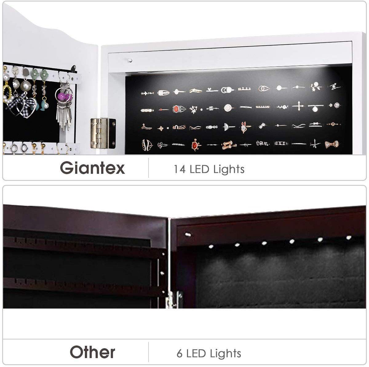 HOMGX (White 14 LEDs Mirror Wood Cabinet, Lockable Standing Armoire with Key, Jewelry Storage Organizer with 2 Drawers and 4 Angles (Jewelry Cabinet)