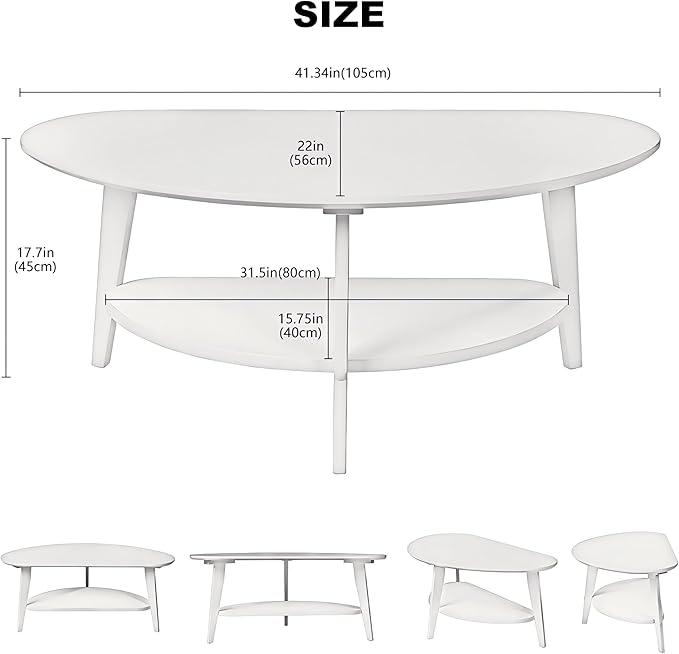 NAVREX Mid Century Modern Coffee Table, Oval Coffee Tables with Storage for Living Room, 2 Tier Solid Wood Center Table, White Coffe Tables, Easy Assembly, 40.2" D x 22" W x 17.7" H