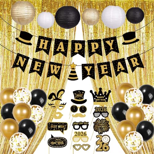 New Years Decorations 2026 – Gold Black White Happy New Year Decorations Kit with Banner, Balloons, Fringe Curtains, Lante...