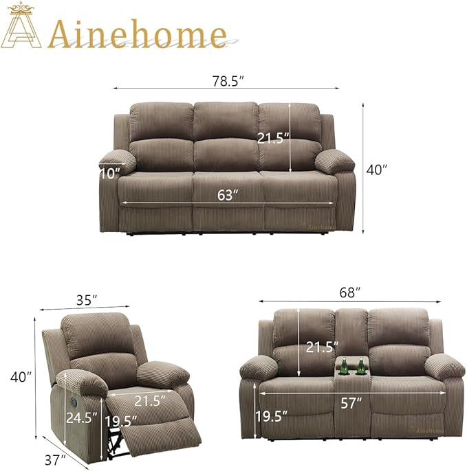 A Ainehome Manual Recliner Sofa Set with Storage, 3 Pieces Living Room Furniture Sets, Corduroy Sofa Sets Reclining Couch Loveseat and Chair Furniture Set for Living Room/Rv/House/Office, Taupe