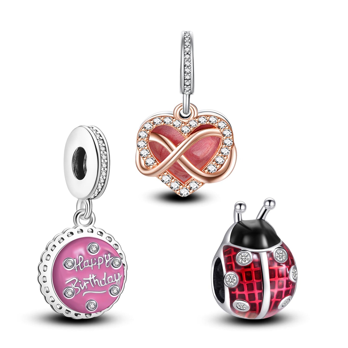 Annmors 925 Sterling Silver Charms fit Bracelets Necklaces Happy Birthday Ladybird Infinity Dangle Beads with 5A Cubic Zirconia
