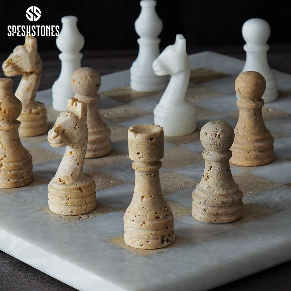 SPESHSTONES Marble Chess Set for Adults 12 Inch Handmade White and Travertine Chess Board Games with Storage Box, Travel Chess Game with 32 Chess Pieces & 2 Extra Queens, Gifts & Home Décor
