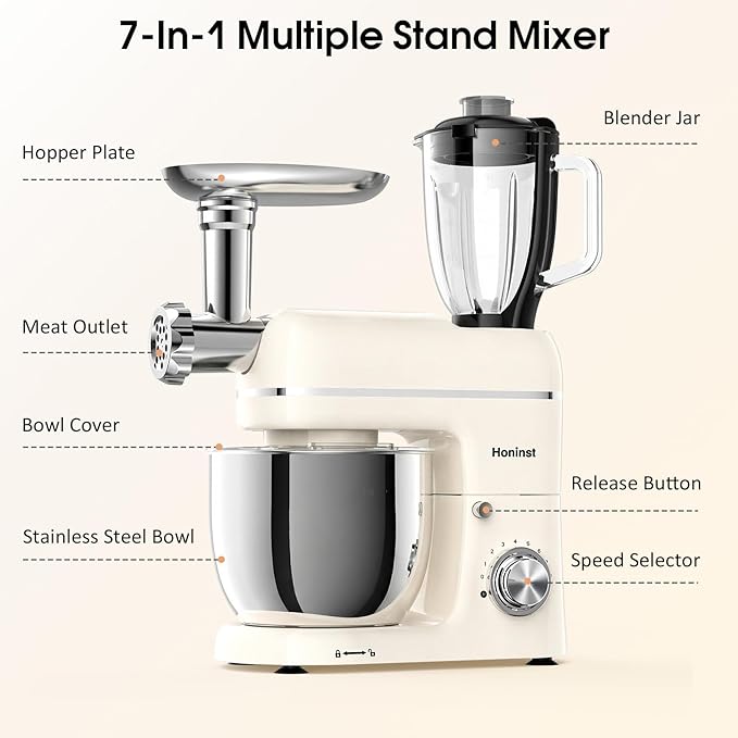 Stand Mixer, 7-IN-1 6.5QT 660W Multifunctional Electric Kitchen Mixers with Blender, Meat Grinder, Dough Hook, Whisk and Beater, 8-Speed Food Mixer for Baking, Cooking, Food Processing, Beige