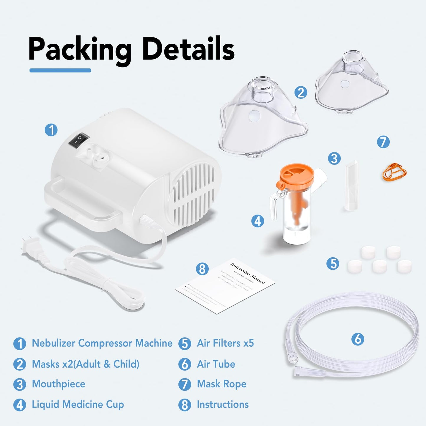 Portable Nebulizer Machine for Adults and Kids, Professional Handheld Inhaler Mist Breathing Compressor System Kit with Adjustable Cup, Adult and Kid Mask, Mouthpiece, Tubing for Home and Travel Use