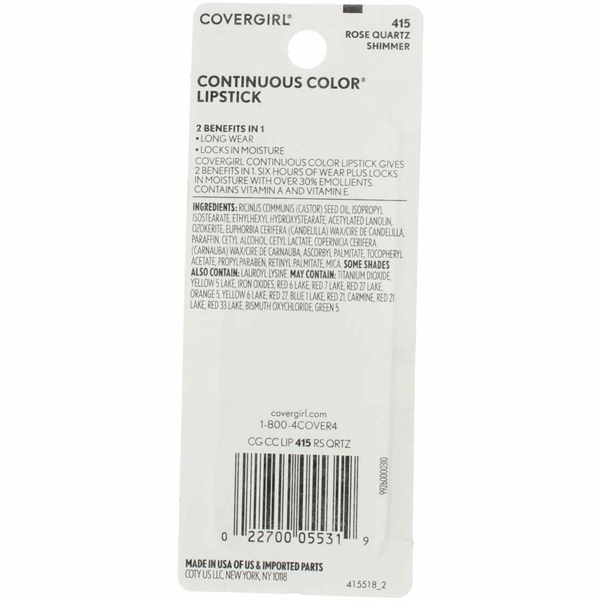 CoverGirl Continuous Color Lipstick, Rose Quartz [415], 0.13 oz (Pack of 10)