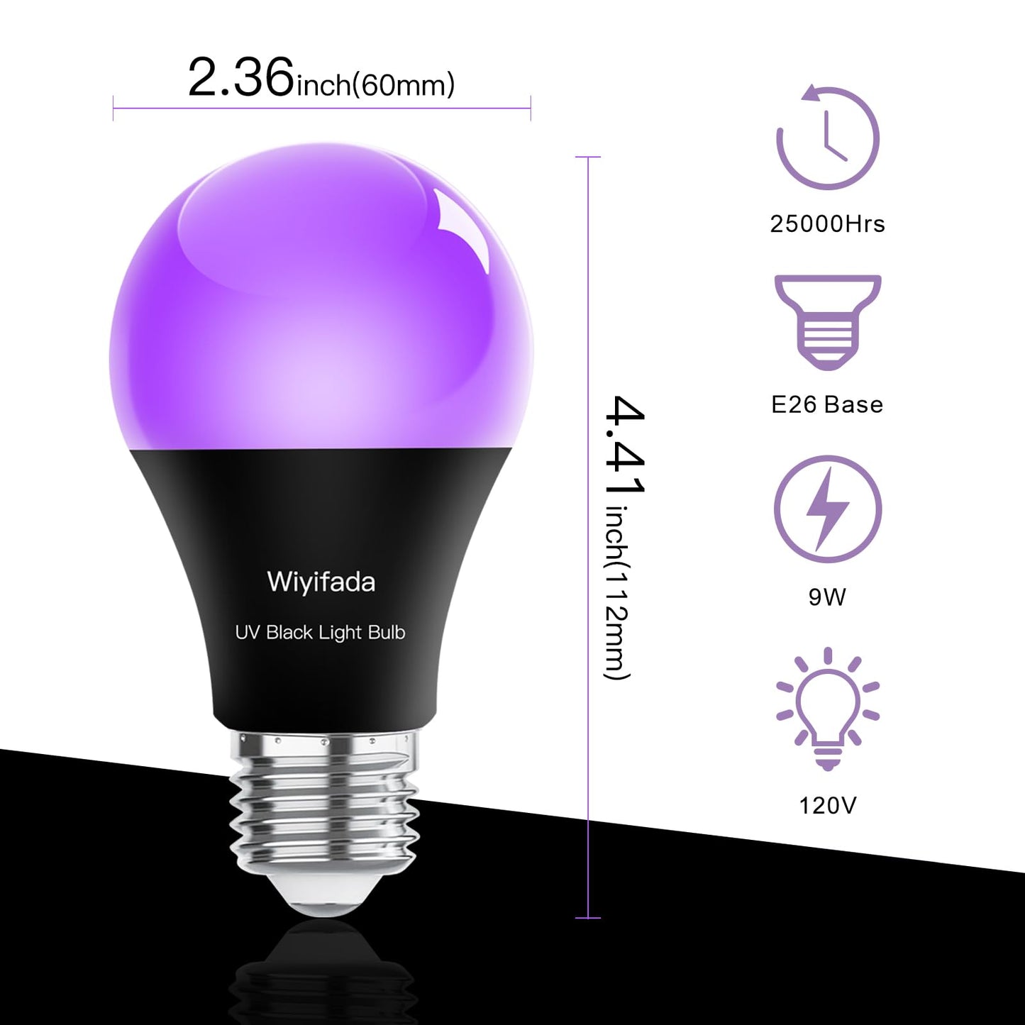 Wiyifada LED Black Light Bulbs 2 Pack, A19 9W UV Black Light Replace Up to 100W, 120V E26 Base UVA Level 385-400nm, Glow in The Dark for Body Pain, Blacklights Party, Halloween
