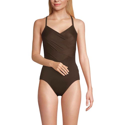 Lands' End Women's Slender Suit V-Neck Pleated X-Back One Piece Swimsuit 16 Rich Coffee