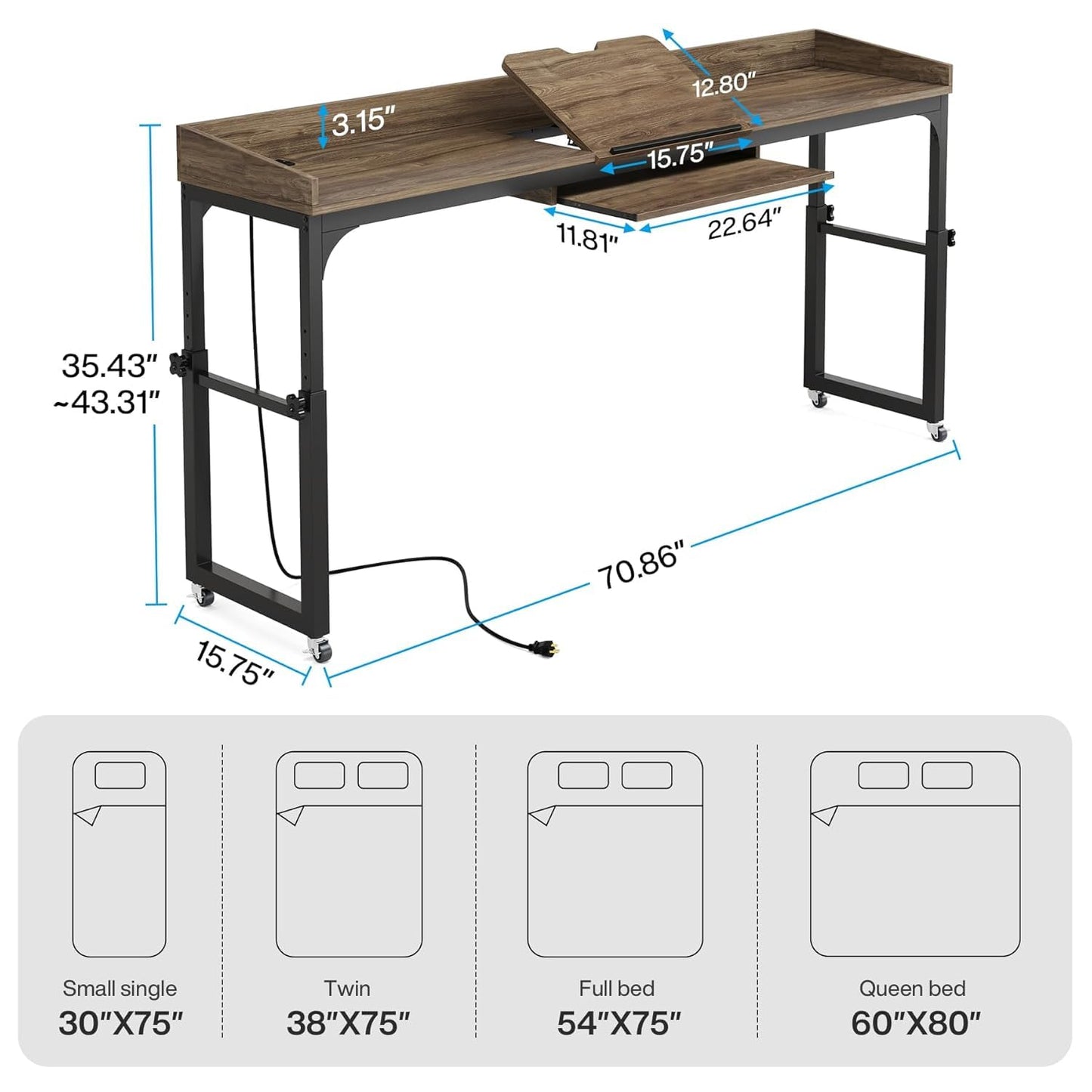 LITTLE TREE Overbed Table with Wheels Adjustable Height, Portable Rolling Table with Outlets & USB Ports for Queen Bed, Giant Computer Desk with Tilt Stand