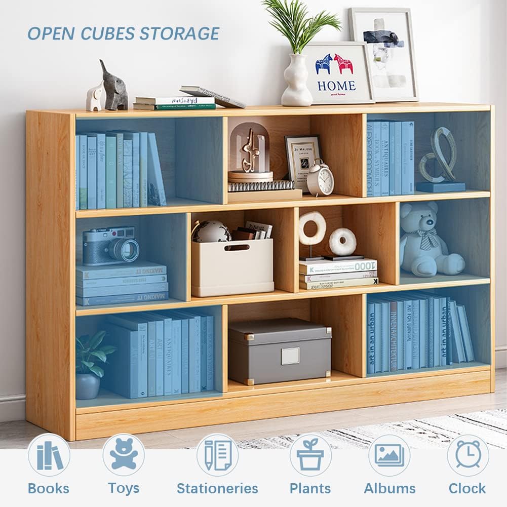 IOTXY Open Shelf Low Bookcase - Wooden 3-Tier Floor Standing Display Cabinet Organizer with Base, 7 Cubes Short Horizontal Bookshelf in Bright Blue