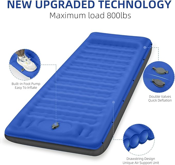 Camping Sleeping Pad, Extra Thick 5 Inch Camping Mat with Pillow, Built-in Foot Pump Inflatable Sleeping Pads Compact for Camping Backpacking Hiking Traveling Tent as Camping Essentials（Blue）