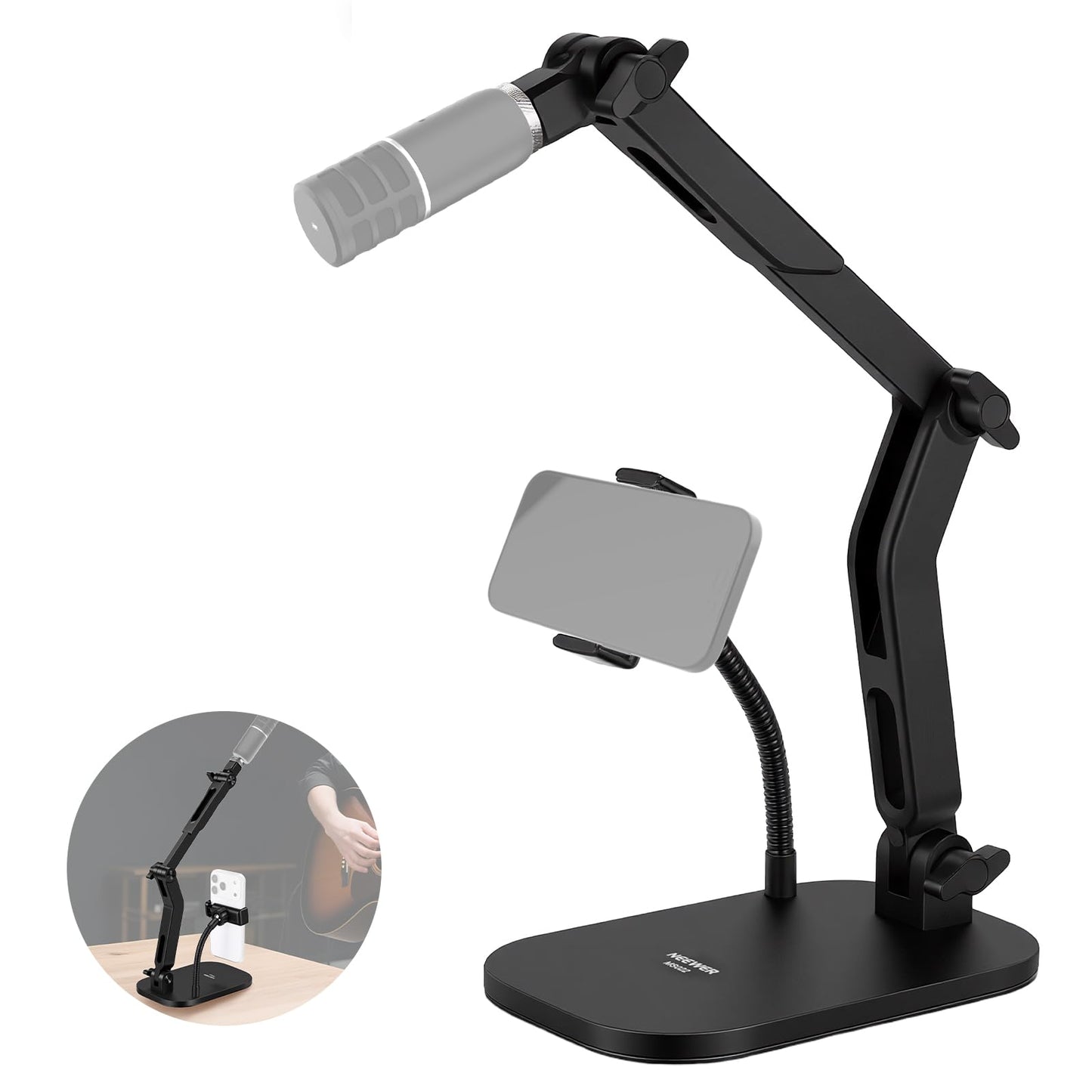 NEEWER Desk Microphone Stand with Phone Clamp & Flexible Arm, Adjustable Table Top Mic Holder Mount with 1/4 to 5/8 Screw Adapte