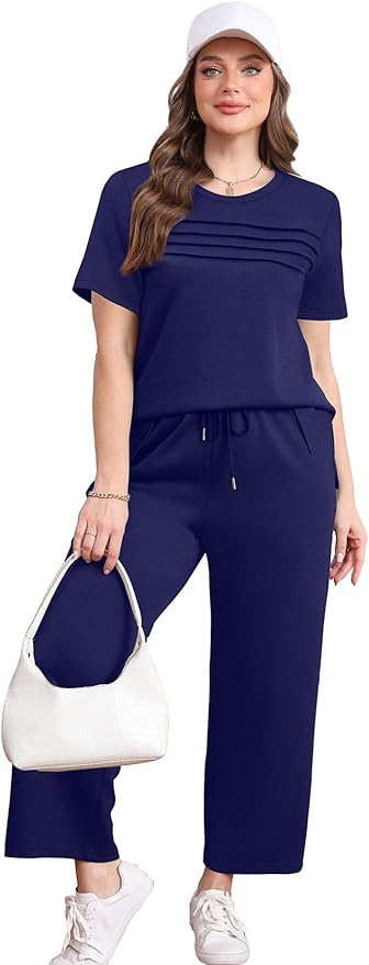 WIHOLL Two Piece Sets for Women Summer Travel Vacation Outfits Short Sleeve Lounge Sets Side Slit Wide Leg Pants S-3XL