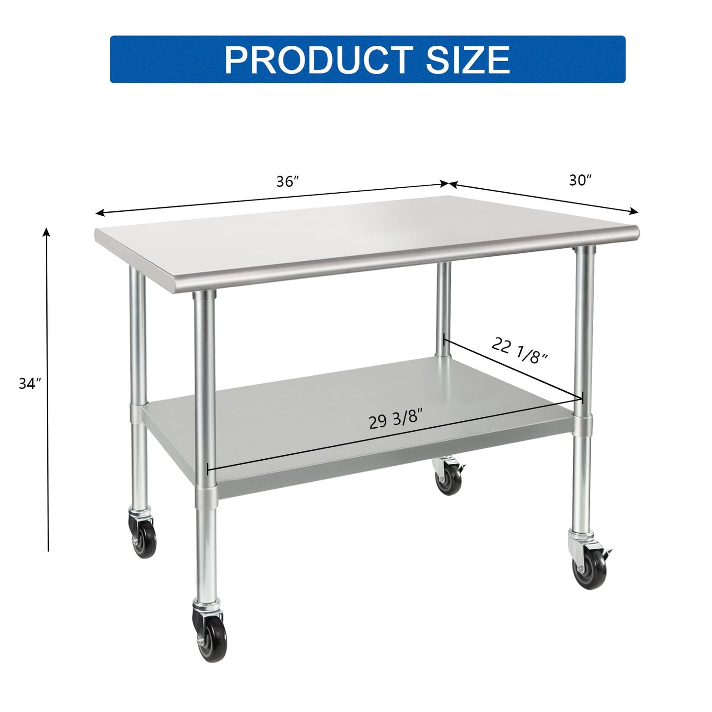 HARDURA Stainless Steel Table with Wheels 30 x 36 Inches Casters NSF Heavy Duty Commercial Prep Table with Undershelf and Galvanized Legs for Food Prep