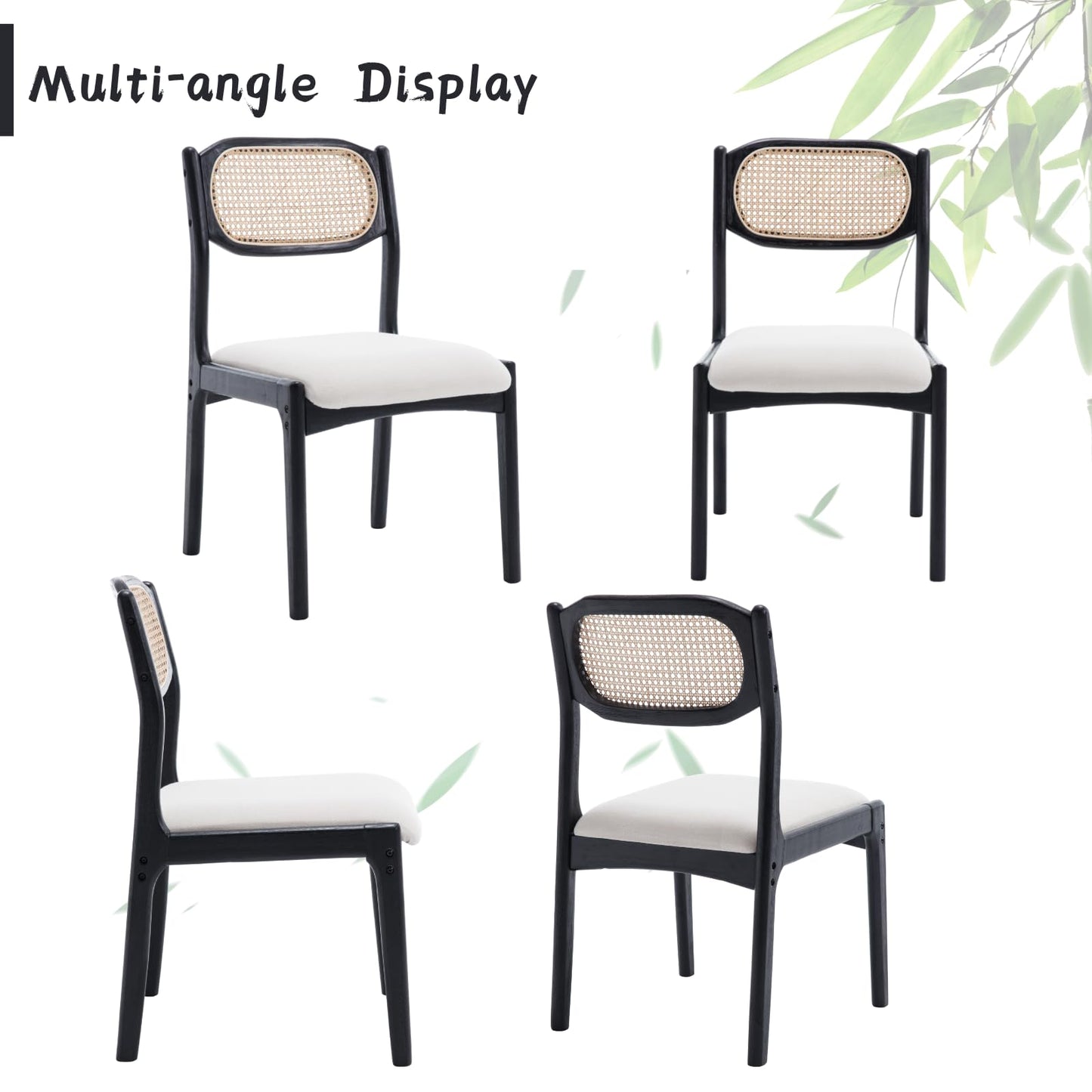 CIMOTA Mid Century Modern Dining Chairs Set of 4 Rattan Farmhouse Dining Room Chairs with Cane Back/Black Wood Frame Upholstered Linen Wooden Kitchen Chairs for Dining Room/Restaurant, Beige