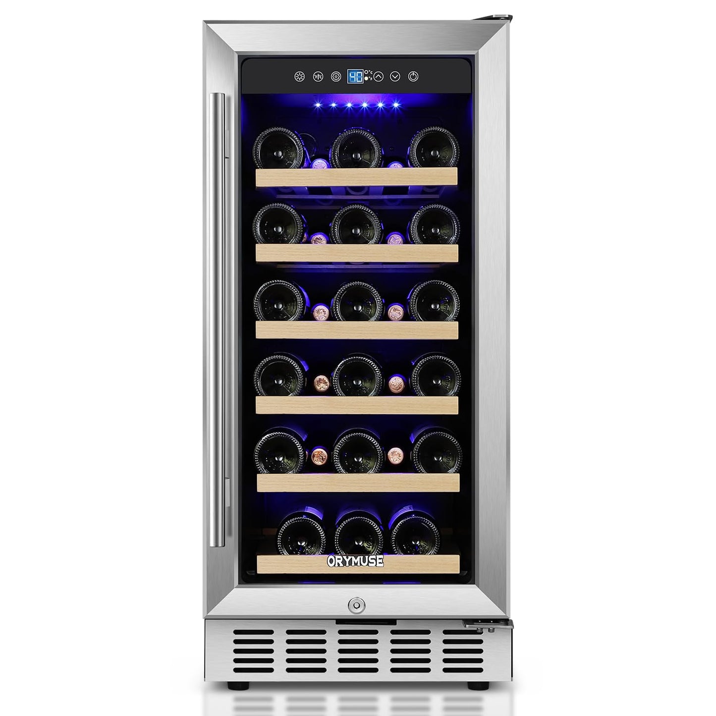 ORYMUSE 15 Inch Wine Cooler Under Counter, 30 Bottle Wine Fridge with Stainless Steel Glass Door, Built-In or Freestanding Wine Cellar with Removable Shelves and Digital Temperature Control