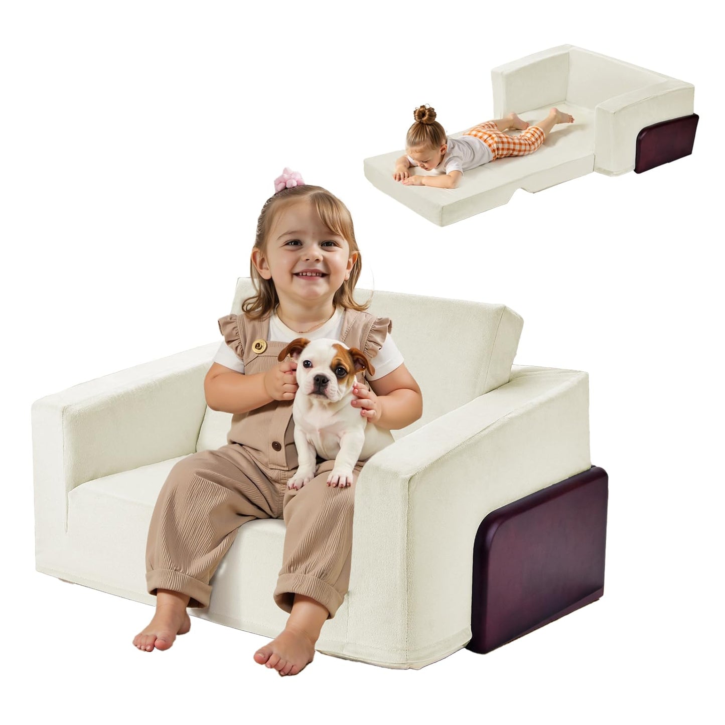 UBINGSOPA Kids Couch, 2-in-1 Sturdy Soft Toddler Couches That Fold Out for Playroom, Kids Chairs Comfy Toddler Wooden Frame