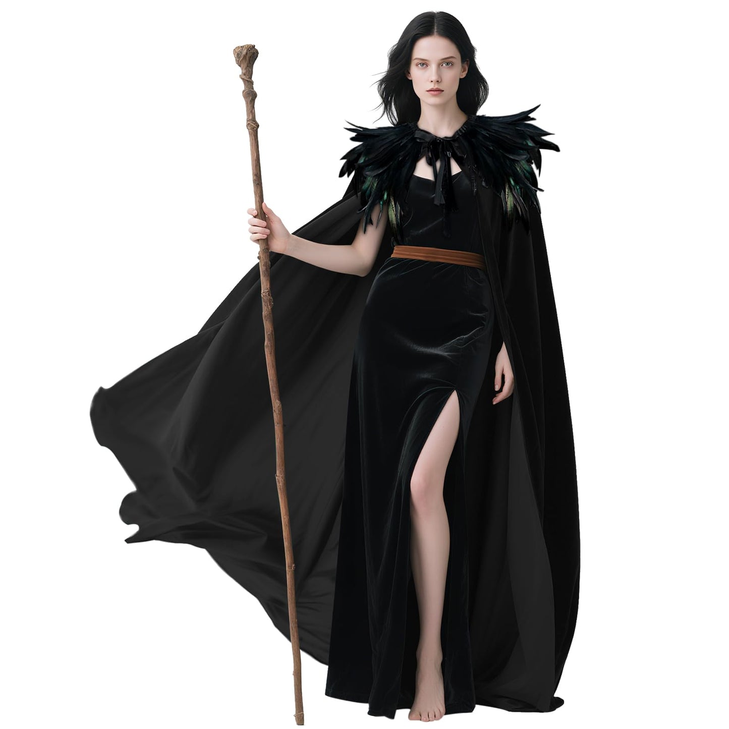 L'VOW Women Feather Collar Velvet Cloak Vampire Cape Witch Queen Cosplay Halloween Costume(Black)
