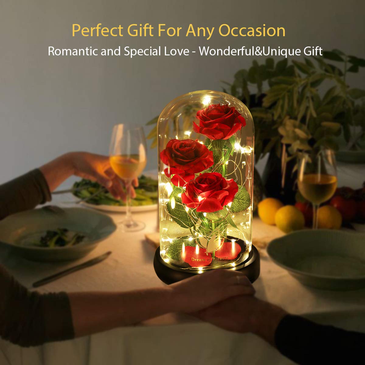 Flower Gifts for Women,Beauty and The Beast Rose in Glass Dome with 2 Lights Mode,Light up Rose Anniversary Romantic Gift for her,Birthday Gifts for Women,Mom,Wife,Girlfriend,Silk Red Rose Gift