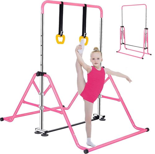 FCOUMY Gymnastics Horizontal Bar, Junior Training Kip Bar Gymnastics Equipment for Home, Adjustable Telescopic Height Folding Horizontal Bar with Gymnastic Rings for 3-12 Years Old Kids