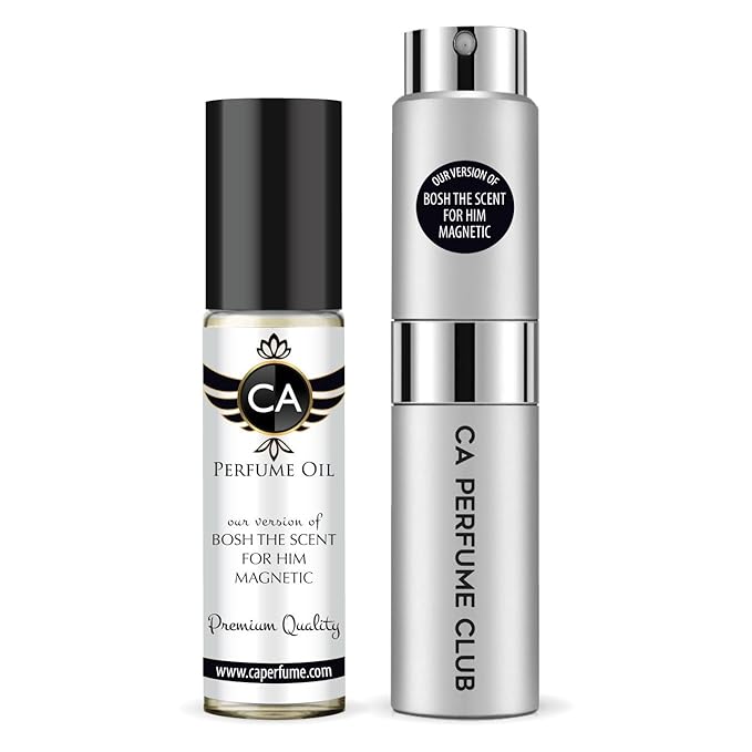 CA Perfume Duo Impression of Bosh The Scent For Him Magnetic For Men Perfume Layering Set Mens Cologne Long Lasting Travel Size EDP + Body Oil Roll-On Bottle 0.27 Fl Oz+0.33 Fl Oz
