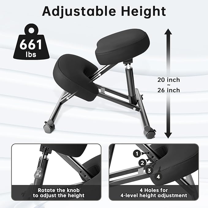 DENGTELI PU Leather Ergonomic Kneeling Chair, Adjustable Home and Office Stool with Thick Pads and Flexible Lockable Brake Wheels for Back Pain Relief(Black)