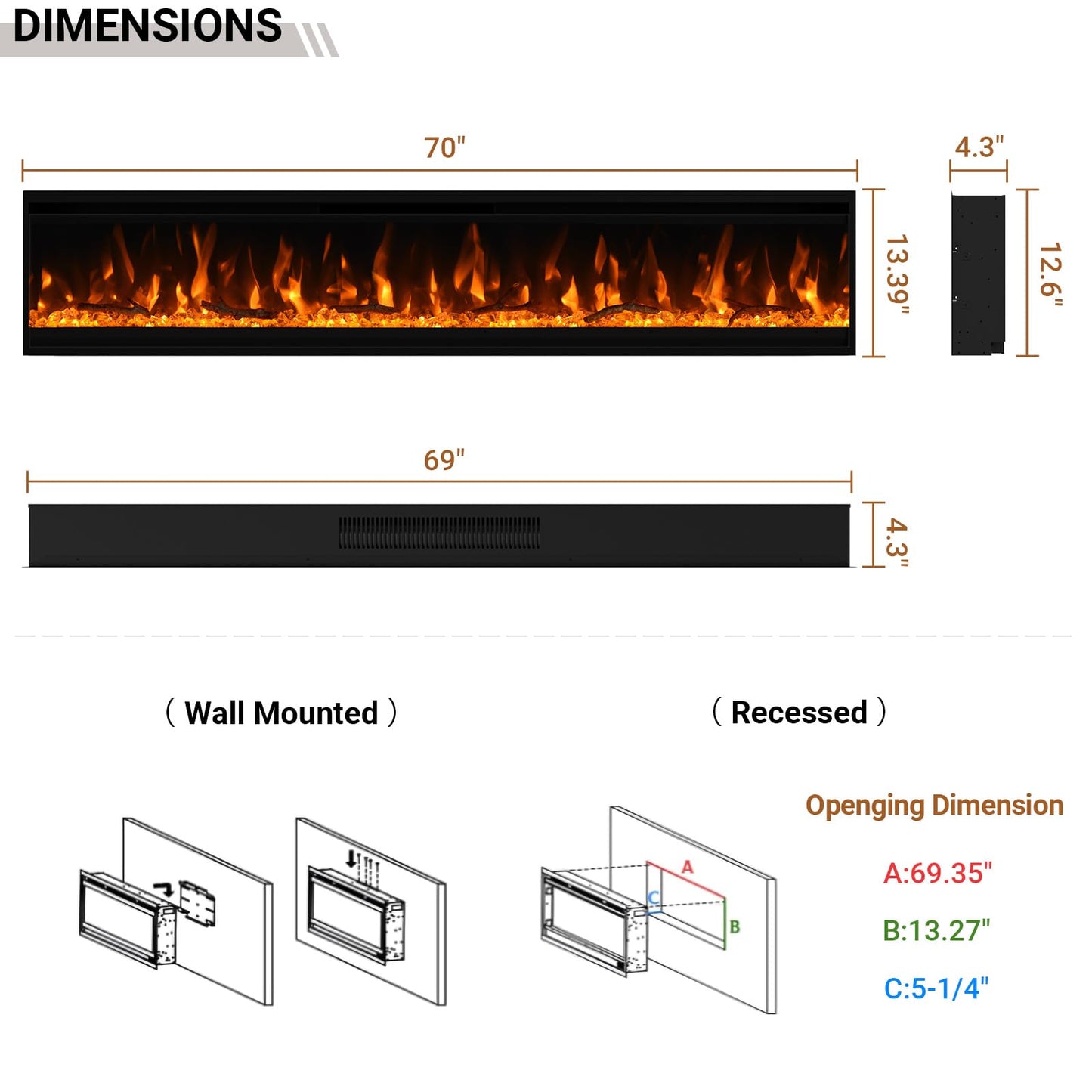 70 inch Electric Fireplace, Ultra-Thin Electric Fireplace Inserts, Ultra-Narrow Frame, Wall Mounted and Recessed Fireplace, Log & Crystal, Touch Screen & Remote Control, 1500W