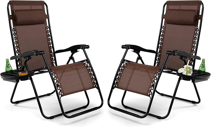 Tangkula Set of 2 Zero Gravity Chair, Folding Patio Lounge Chair Adjustable Outdoor Recliner with Cup Holder, Wide Armrest for Patio Garden Poolside Outdoor Yard Beach, Support 350 lbs (2, Brown)