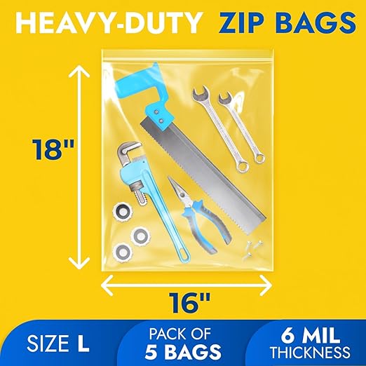 16" x 18" Large Zip Seal Lock Bags, 6 Mil (Pack of 5) – Heavy-Duty Reclosable Plastic Bags – Clear, Resealable, Waterproof – For Storing and Organizing Clothes, Jewelry, and Travel Items