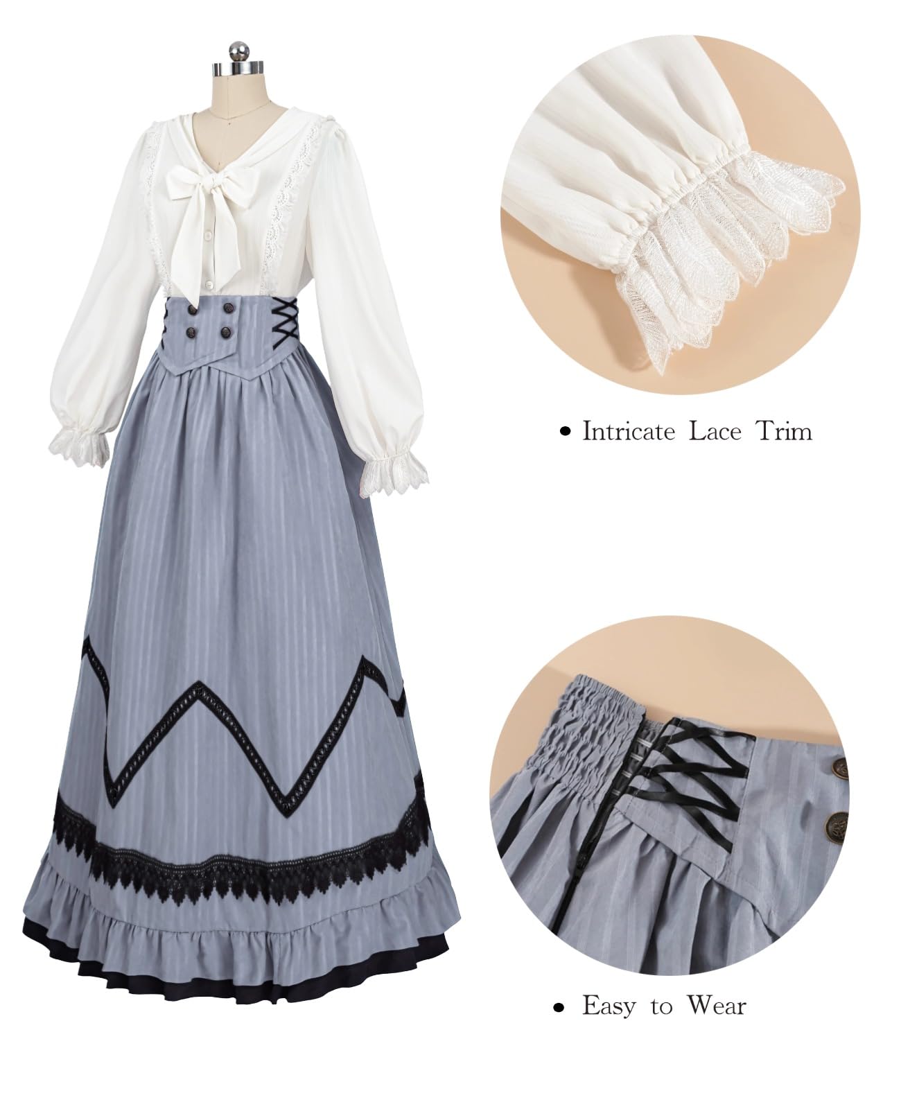 NSPSTT Victorian Dress for Women Renaissance Costume Medieval Outfit Maxi Skirts Blouse 2 pcs Set