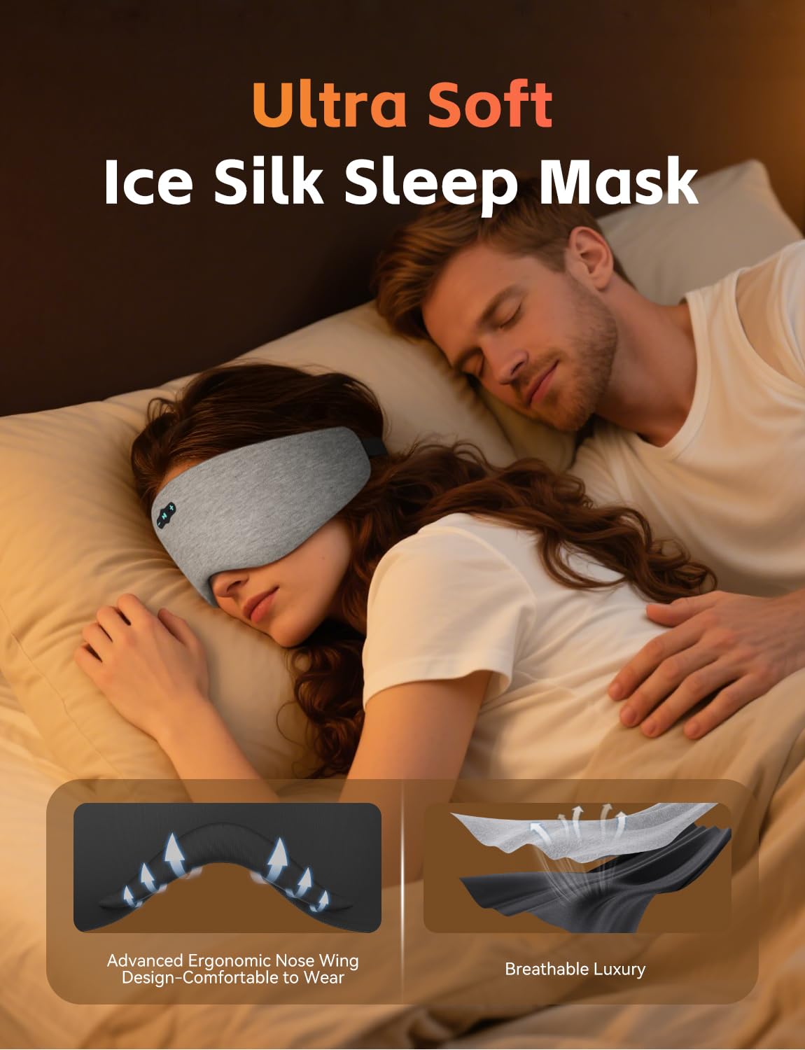 Sleep Mask with Headphones Bluetooth 6.0, 20H Playtime Sleeping Headphones with HD Stereo Speakers for Side Sleepers, Adjustable Blackout Silk Eye Mask for Travel Meditation, Gifts for Women Men(Grey)