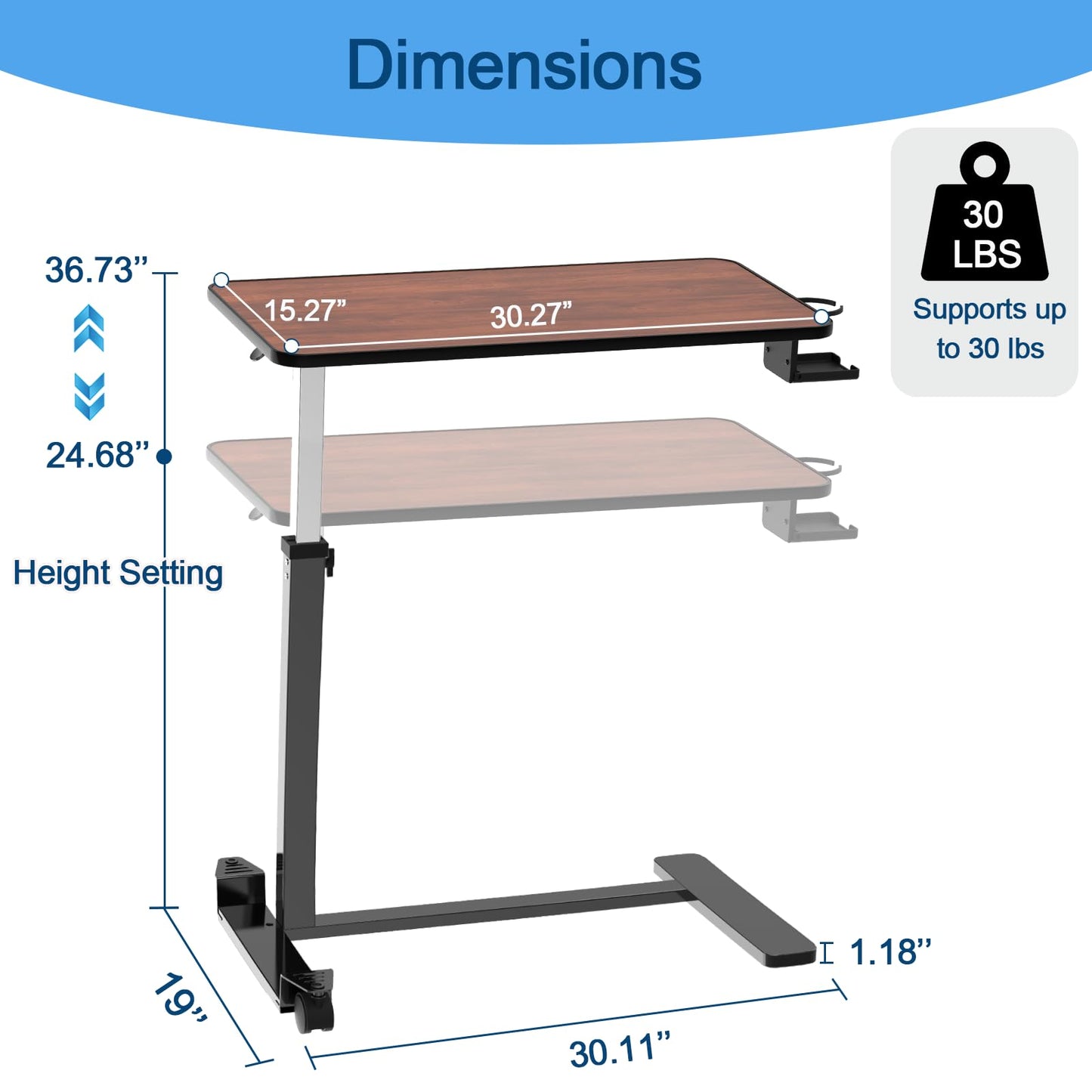 Loyoda Adjustable Overbed Table with Invisible and Lockable Wheels ，Bedside Table with Cup Holder，Standing Desk for Medical or Home use Rosewood Color（30.3" W x 15.3" D）