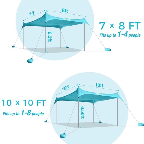 ADesign Windproof Beach Tent Sun Shelter with 8 Sandbags, Large Family Sun Shade with Sand Shovel, UPF50+, 6.3 FT Tall, Outdoor Easy Setup Beach Canopy for Vacation, Camping, Picnics