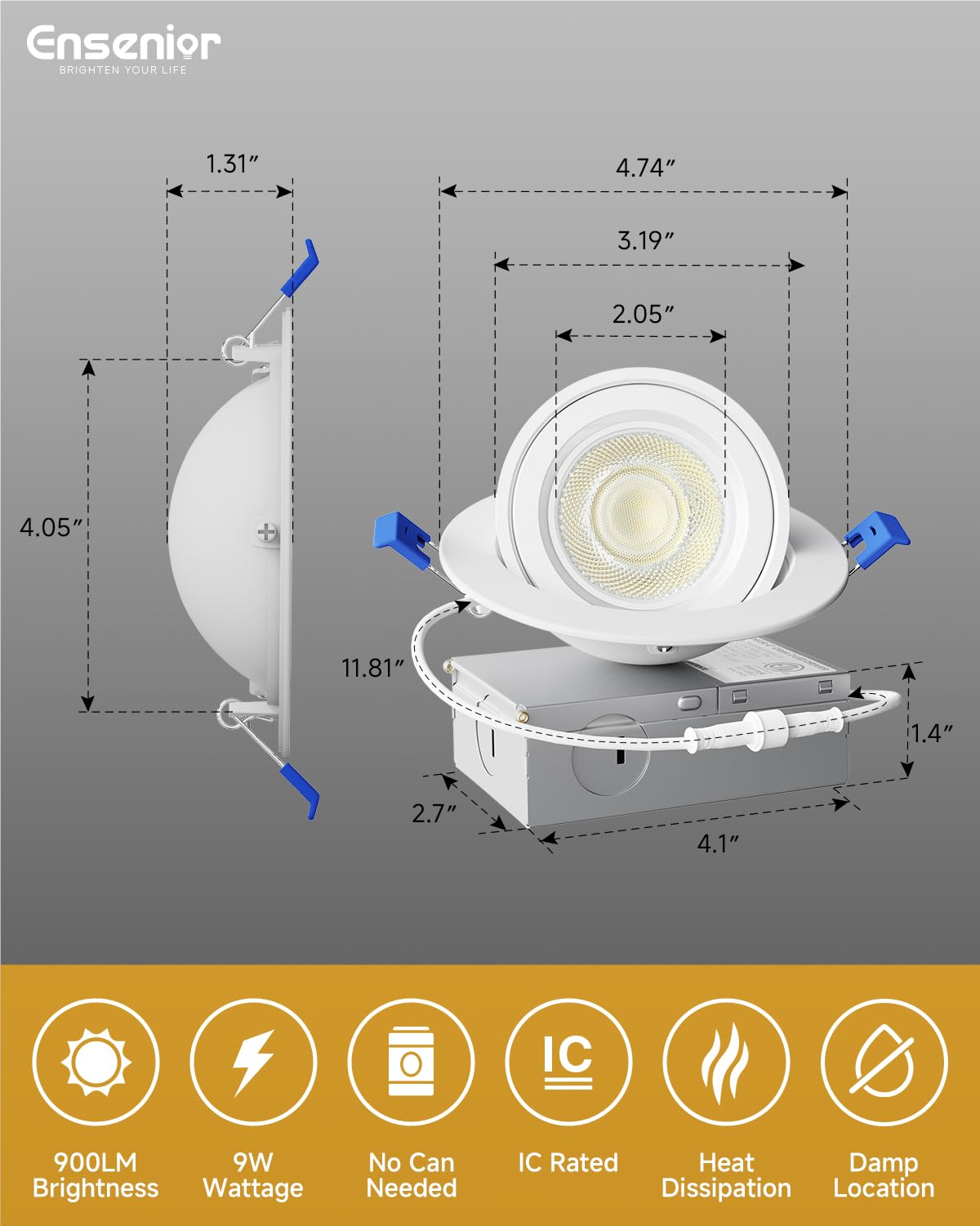 Ensenior 12 Pack 4 inch 5CCT LED Gimbal Led Recessed Light with Junction Box, 360°+90° Adjustable Directional Eyeball Lighting, Dimmable, 2700K/3000K/3500K/4000K/5000K, 900LM, 9W=85W, 120V-ETL&FCC