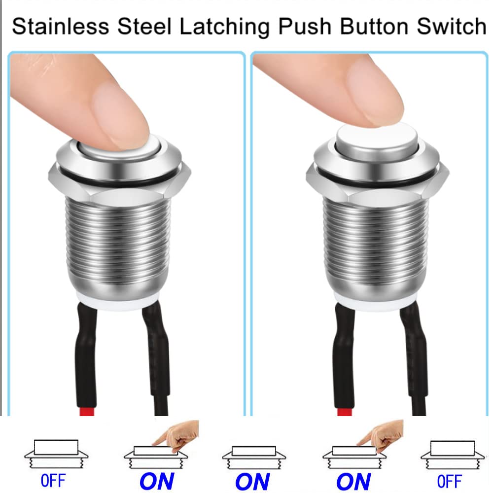 Gebildet 3 Pcs 12mm Prewired High Head Waterproof Push Button Latching 2A 12V/24V/125V/250V AC Self-Locking Stainless Steel Push Button On Off