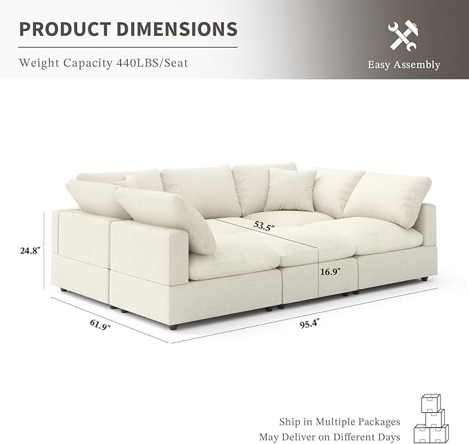 Cloud Couch Modular Sectional Sofa, 95.4" 6-Seater Sectional Couches for Living Room, Convertible Cloud Sofa with Ottoman, Down Filled Wide & Deep Seat, Removable Washable Cushion Covers