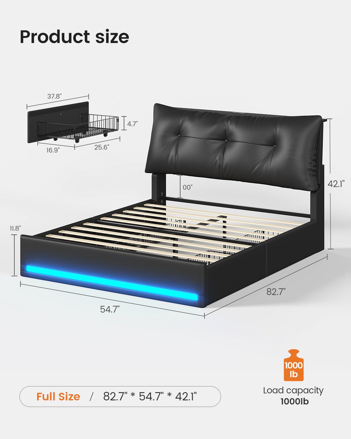 VIAGDO Full Size Bed Frame with Storage Headboard, Black Led Bed Frame Full Size with 4 Storage Drawers and Charging Station, No Spring Box Needed, Black