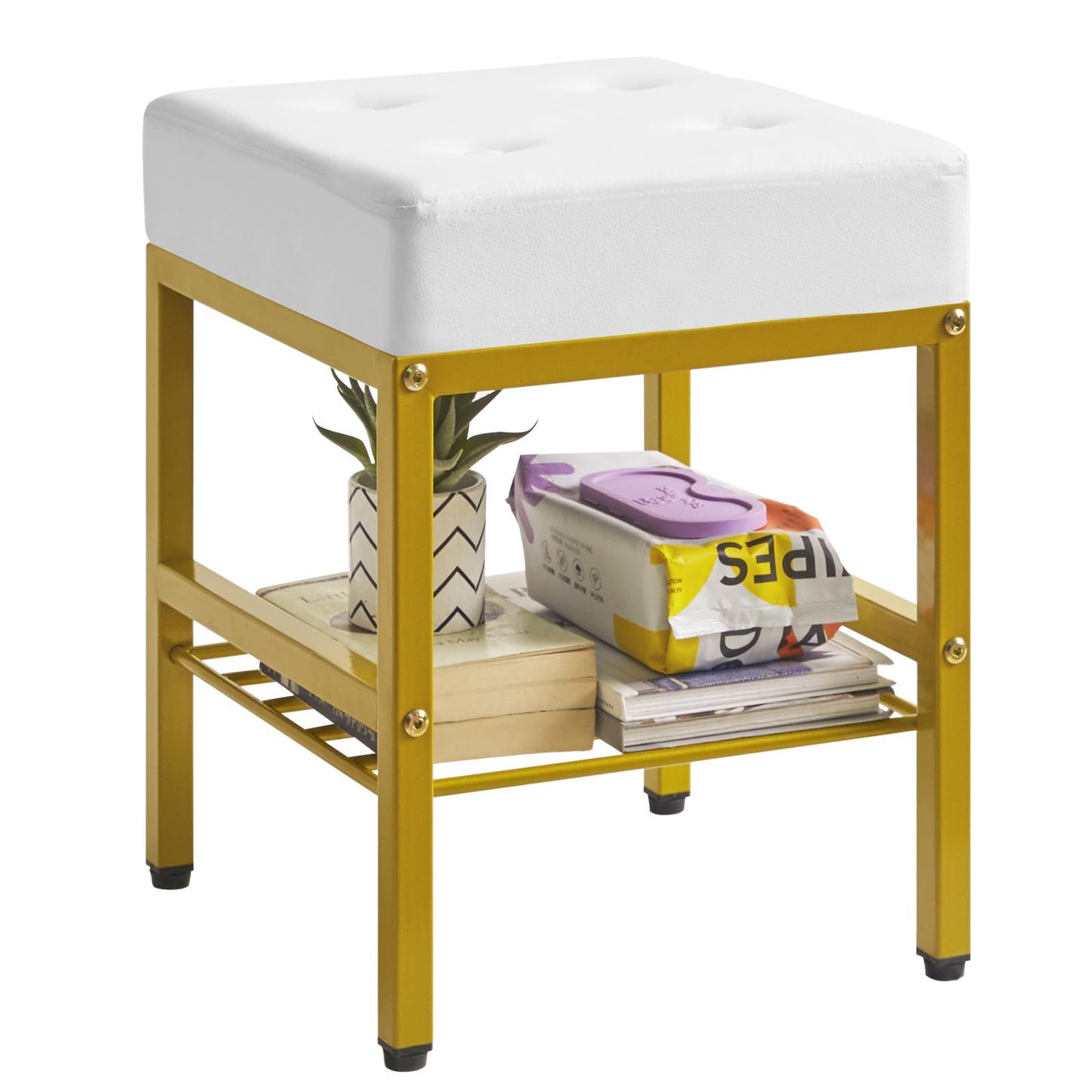 IBUYKE Square Makeup Stool with Adjustable Feet and Storage Space, Footrest Chair, PU Vanity Seat, Multi-Use as Small Side Table or Ottoman, for Bedroom, White LG-60W