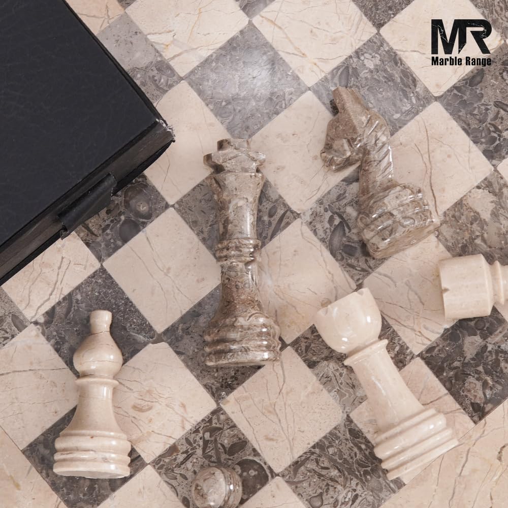 Marble Chess Set for Adults 15" Handmade Verona & Oceanic Board Game with 32 Chess Pieces, 2 Extra Queens & Storage Box, Luxury Travel Game – Elegant Home Décor