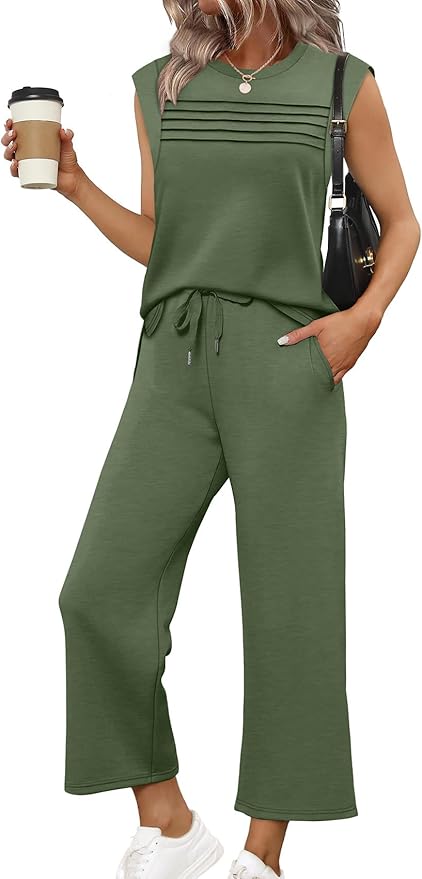 WIHOLL 2 Piece Sets for Women Summer Lounge Sets Travel Vacation Outfits Cap Sleeve Sweatsuit Side Slit Wide Leg Pants S-3XL